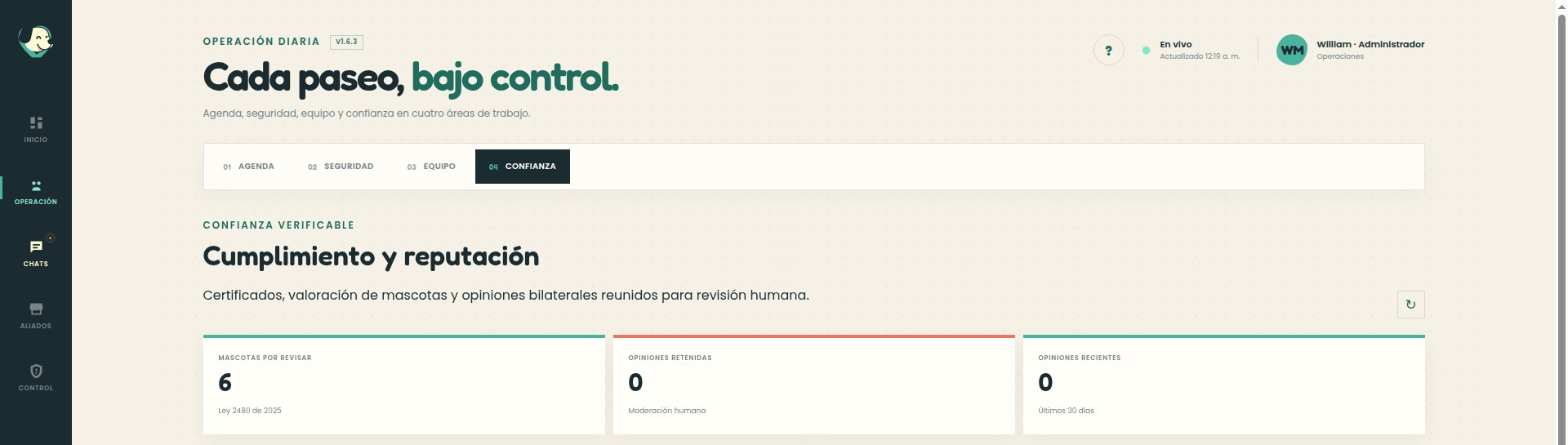 Panel de cumplimiento y reputación de WalkPet, citando la Ley 2480 de 2025
