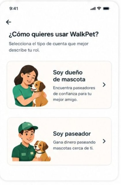 Selección de tipo de usuario en WalkPet